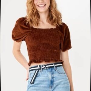 American Eagle Corduroy Brown Puff Sleeve Smocked Cropped Top Size Large Y2K